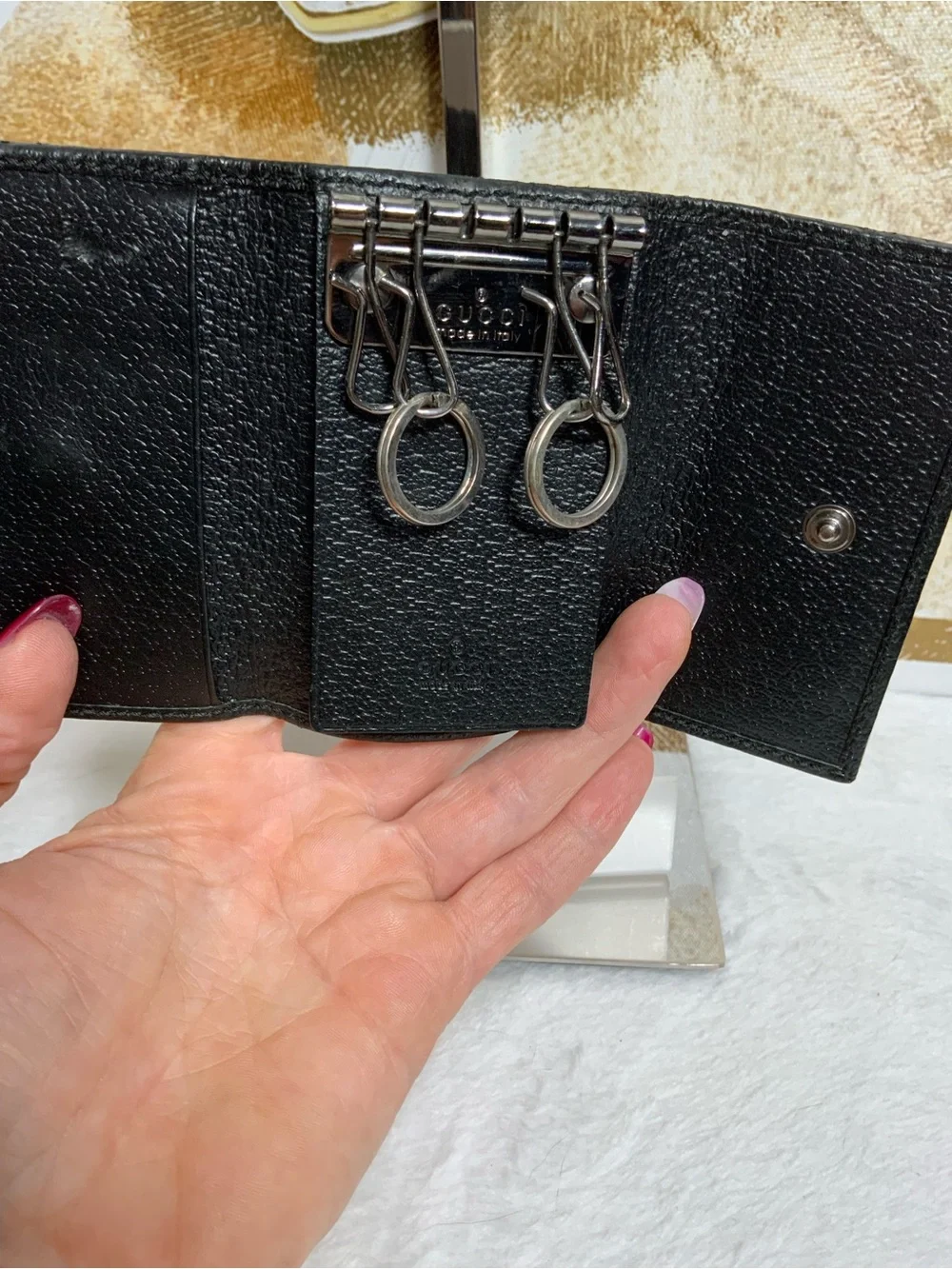 Gucci Black Leather Key & Card Holder with Green and Red Web Stripe